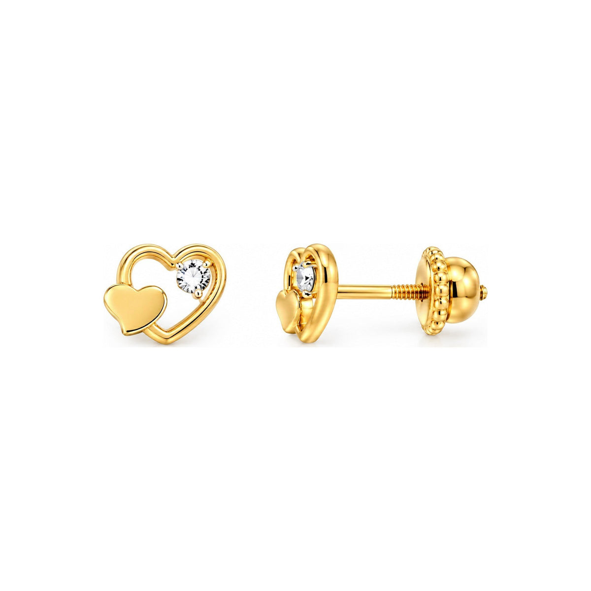 Aretes para Bebé Oro 14k Corazón Calado con Corazoncito Interior