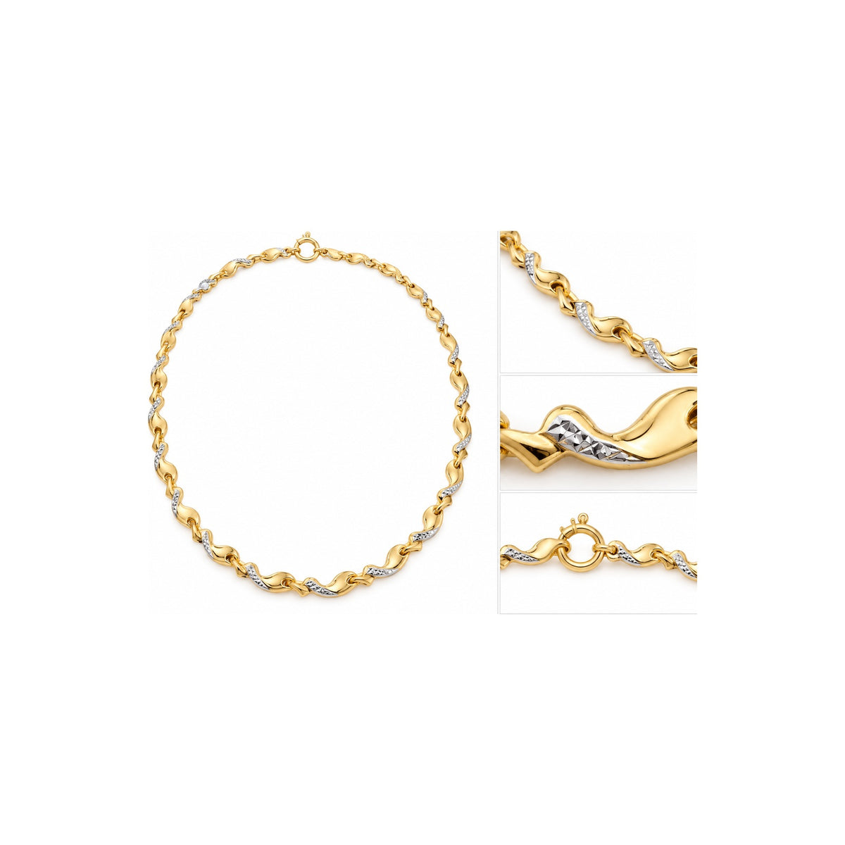 Collar Oro 10k Bicolor Eslabones Ondulados Diamantados
