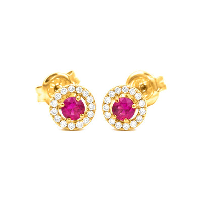 Aretes de Dama Oro 14k Rubí Redondo con Halo de Diamantes Naturales