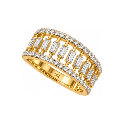 Anillo de Dama Oro 14k Banda Calada Baguettes Verticales con Diamantes Naturales