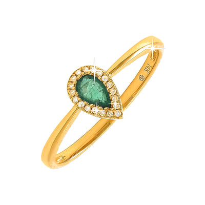 5x7mm Anillo de Dama Oro 14k Gota con Esmeralda y Diamantes Naturales