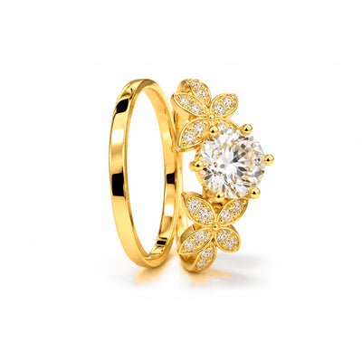 Set Nupcial Oro 10k Solitario Redondo con Diseño Floral y Alianza Lisa