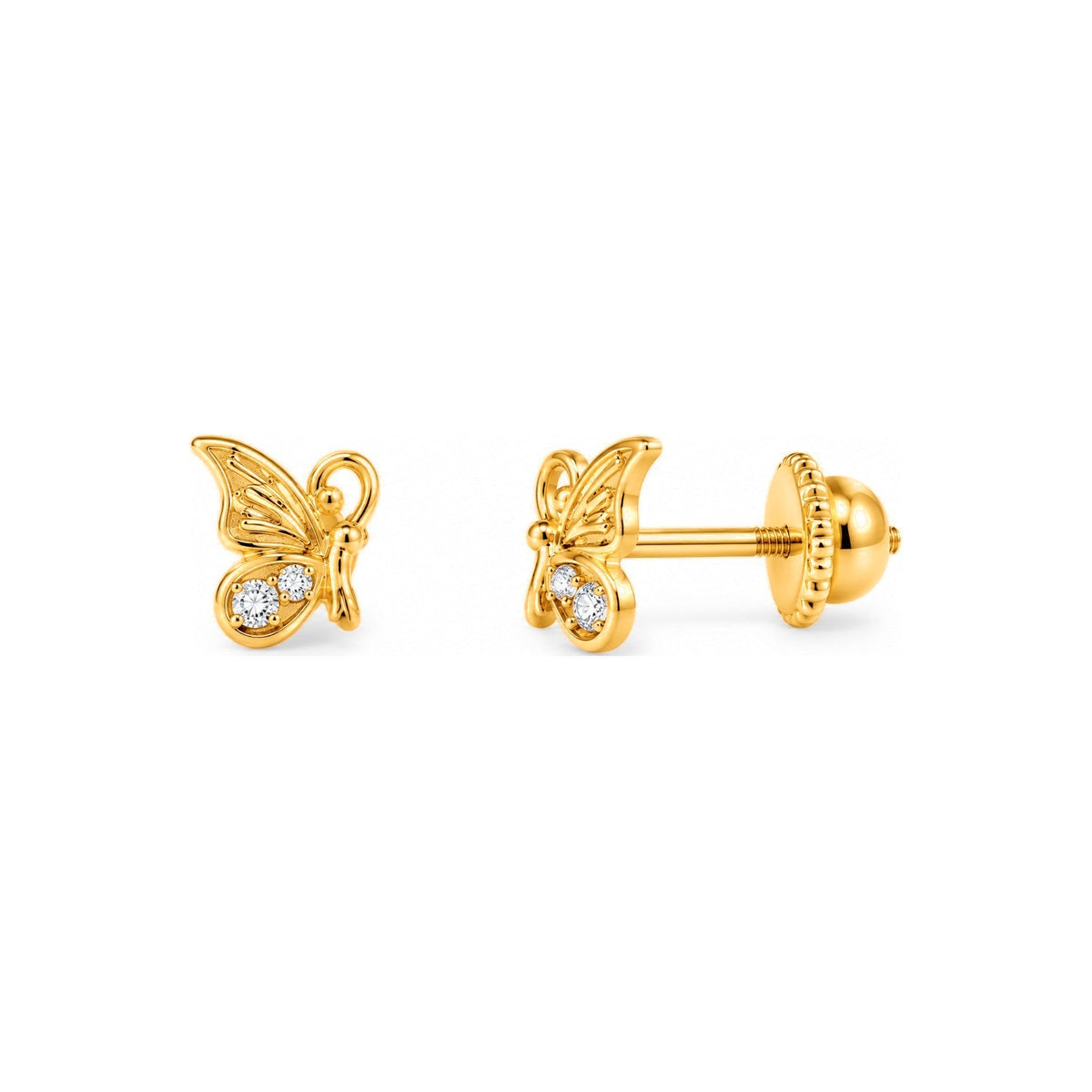 Aretes para Bebé Oro 14k Set Mariposa Calada y Redondo con Piedra