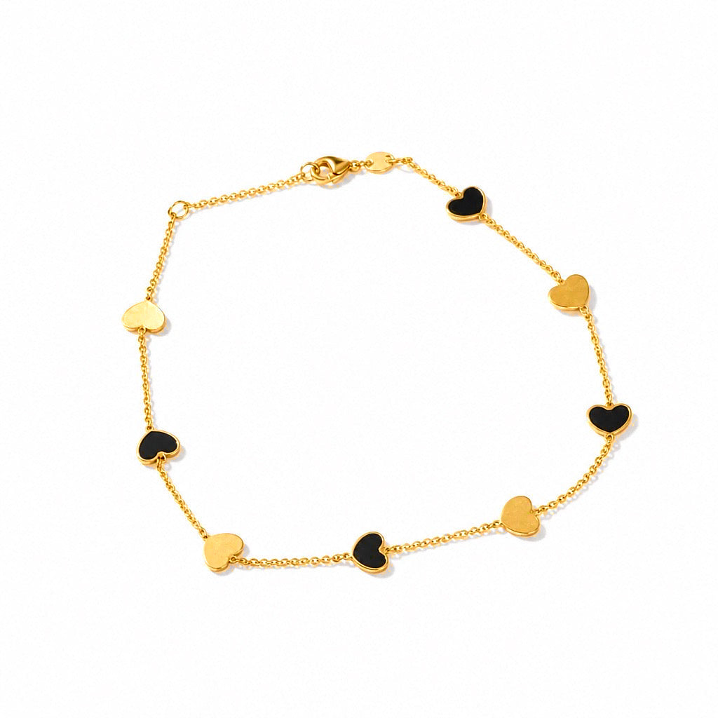 Tobillera Oro 14k Corazones Esmalte Negro 5mm