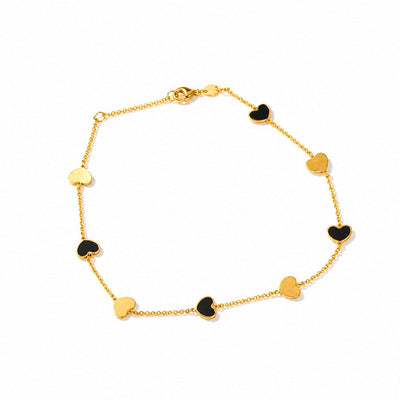 Tobillera Oro 14k Corazones Esmalte Negro 5mm