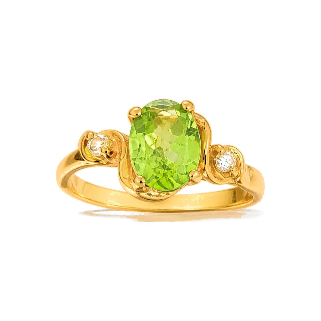 Anillo de Dama Oro 14k Solitario Verde Limón con Olas