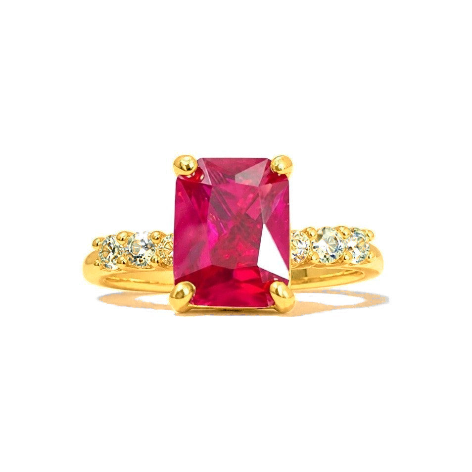 Anillo de Dama Oro 10k Solitario Fucsia Rectangular con Racimos
