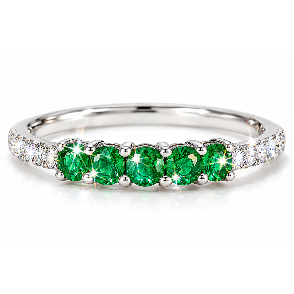 Anillo de Dama Oro Blanco 14k Esmeralda Natural y Diamante