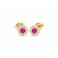 Aretes de Dama Oro 14k Rubí Redondo con Halo de Diamantes Naturales