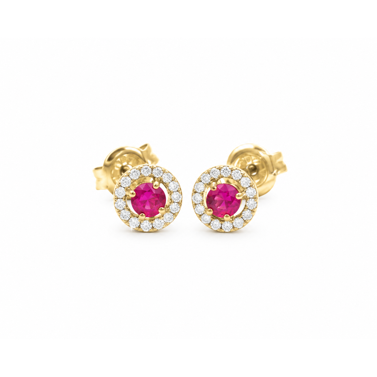 Aretes de Dama Oro 14k Rubí Redondo con Halo de Diamantes Naturales