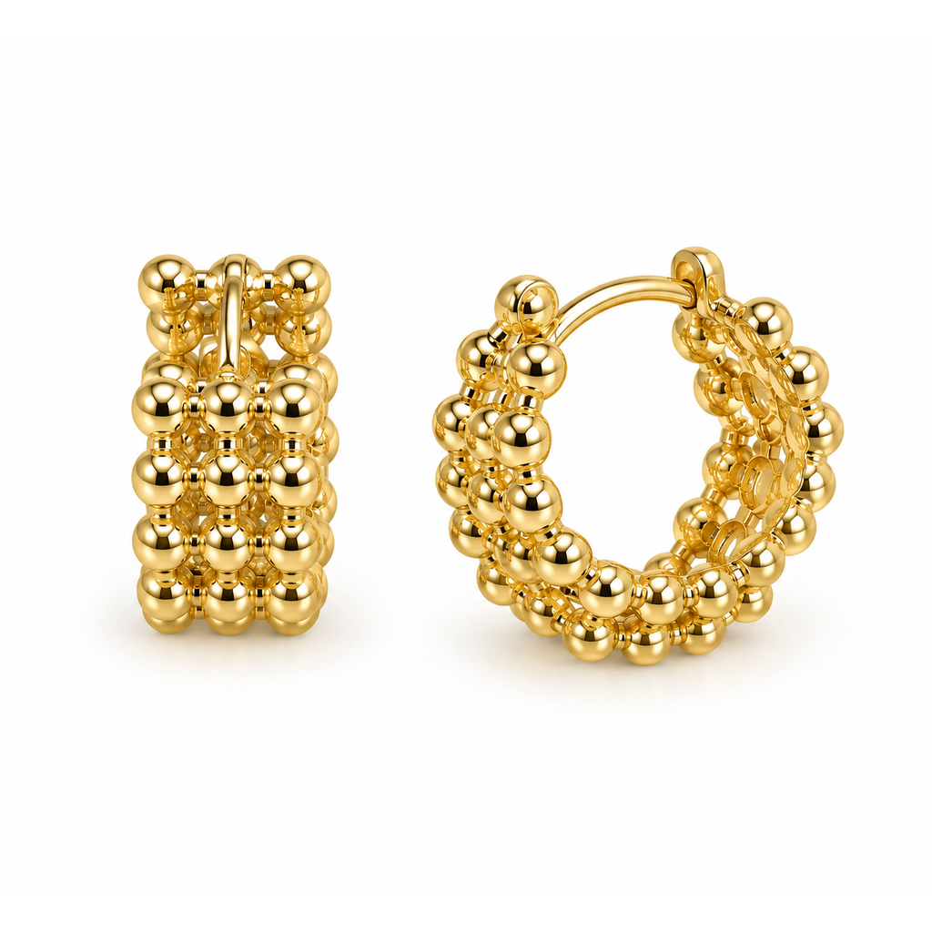 Aretes de Dama Oro 14k Aro Ancho de Bolitas en Racimo