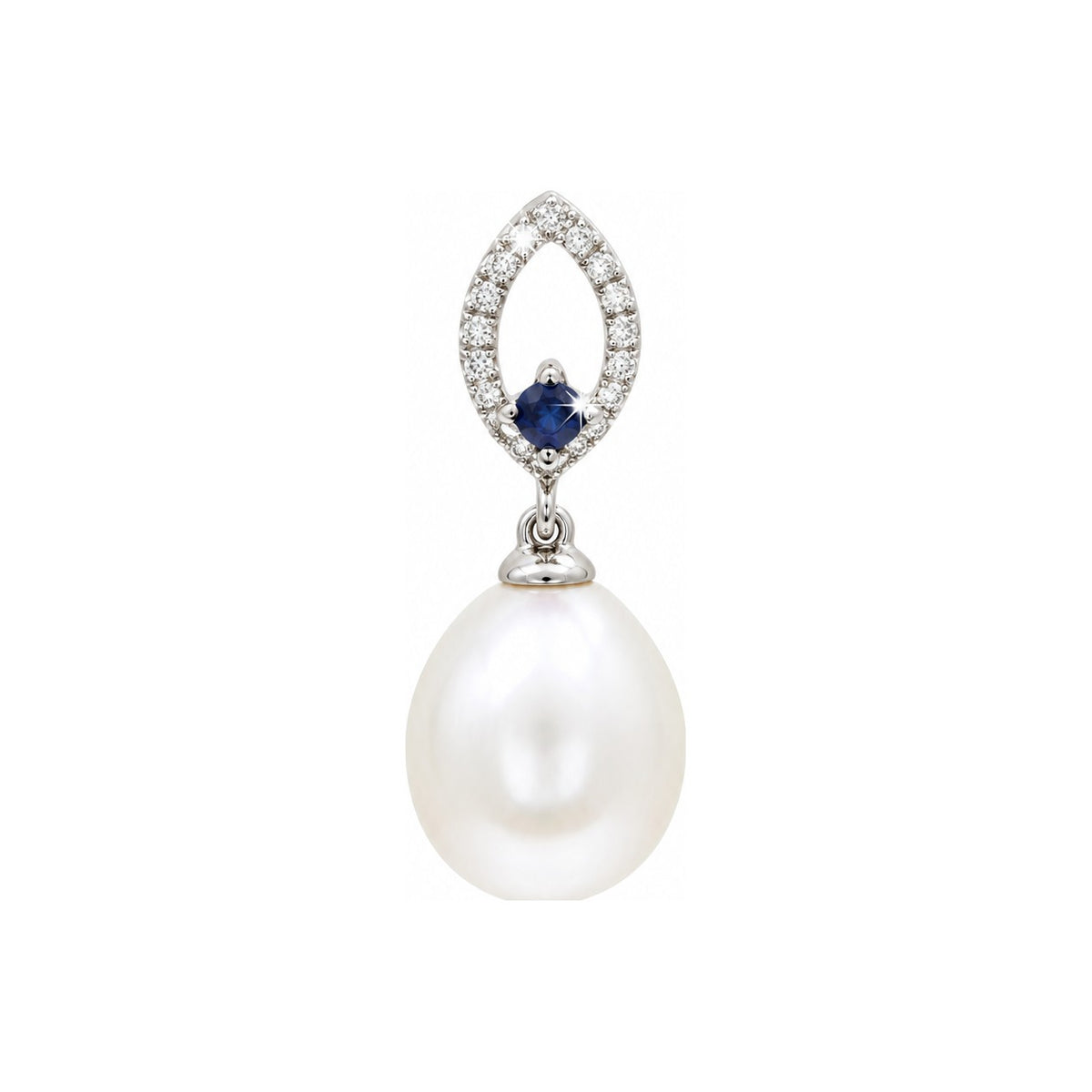 20mm Dije Perla Gota Oro Blanco 14k con Zafiro y Diamantes Naturales