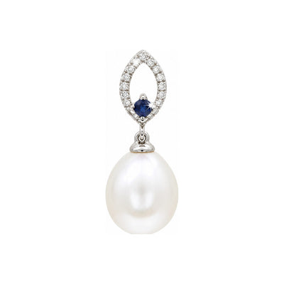 20mm Dije Perla Gota Oro Blanco 14k con Zafiro y Diamantes Naturales