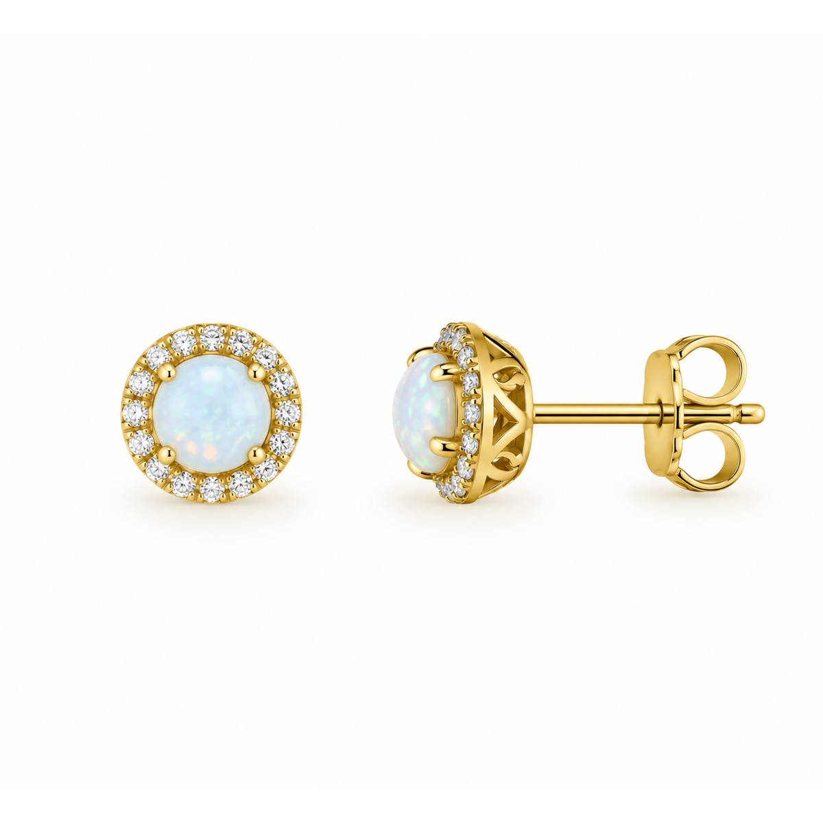 Aretes de Dama Oro 14k Ópalo con Halo de Circonios