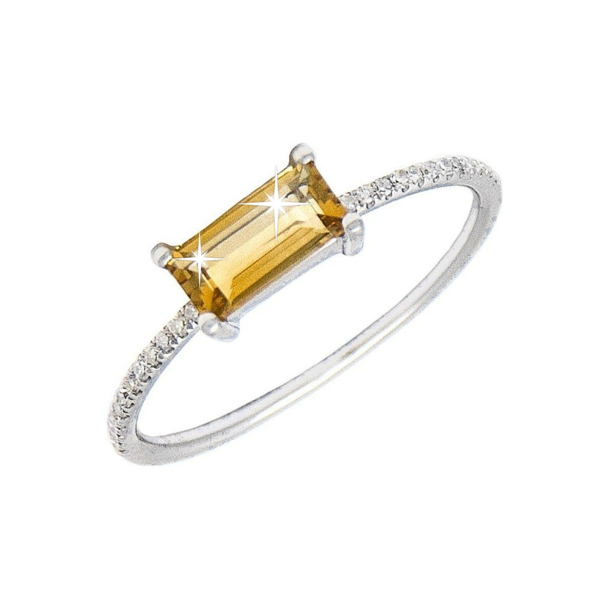 3.1x7.1mm Anillo de Dama Oro Blanco 14k Barra con Citrino y Diamantes Naturales