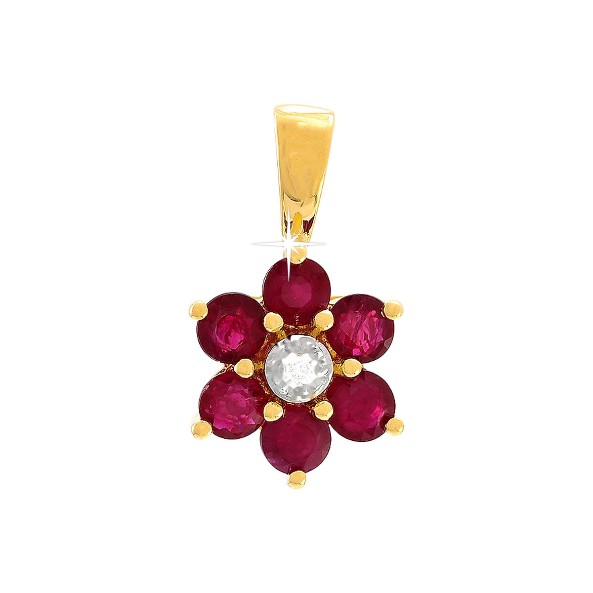 9.5mm Dije Oro 14k Flor con Rubí y Diamantes Naturales