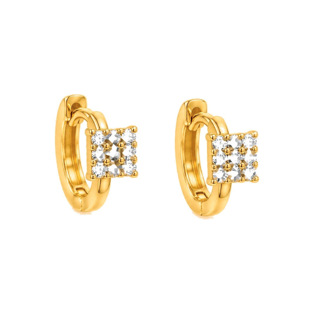 11mm Aretes de Dama Oro 14k Huggie con Racimo Cuadrado de Diamantes Naturales
