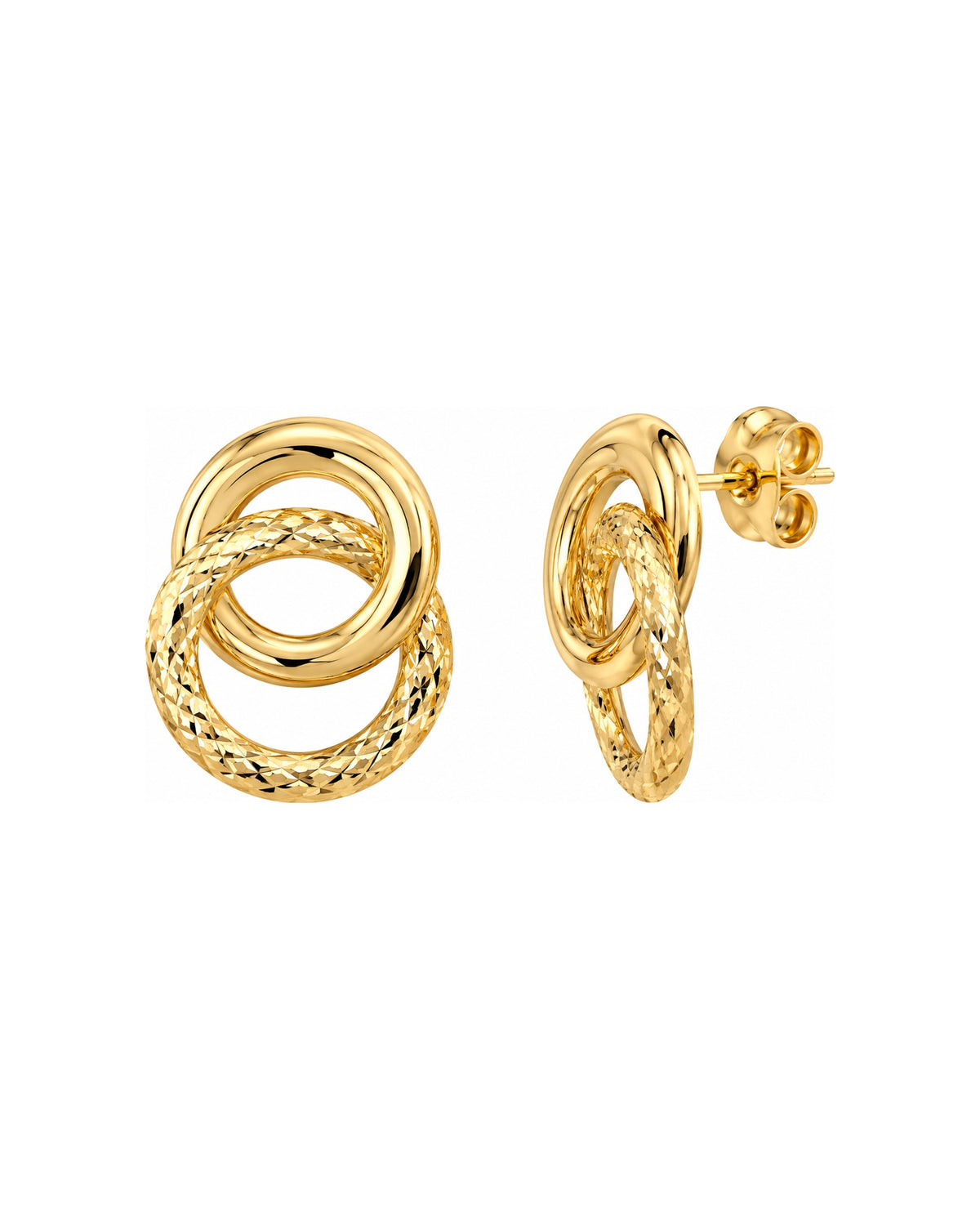 Aretes de Dama Oro 10k Dos Aros Entrelazados Liso y Diamantado