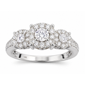 Anillo de Compromiso Oro Blanco 14k Tres Piedras Halo con Diamantes Naturales
