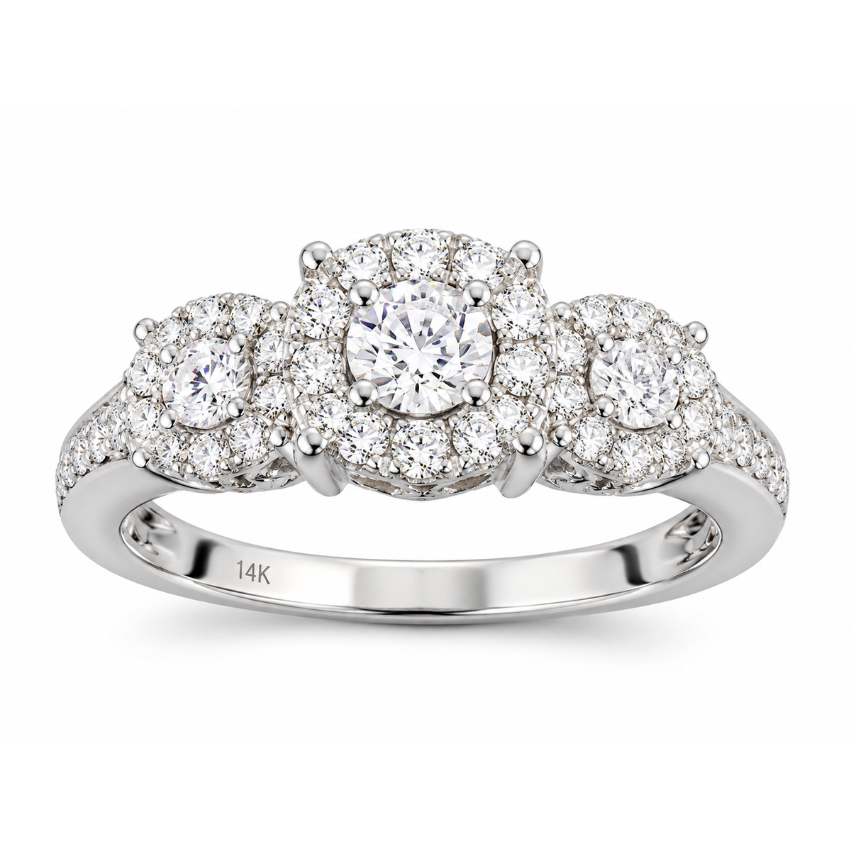 Anillo de Compromiso Oro Blanco 14k Tres Piedras Halo con Diamantes Naturales