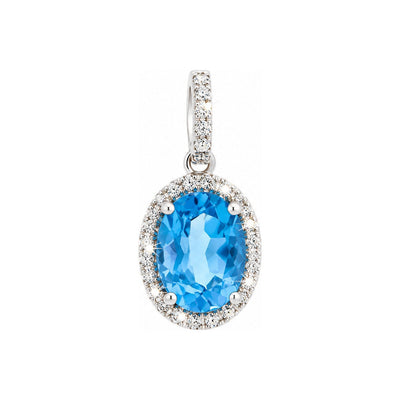 Dije Topacio Azul Ovalado Oro Blanco 14k con Halo de Diamantes Naturales