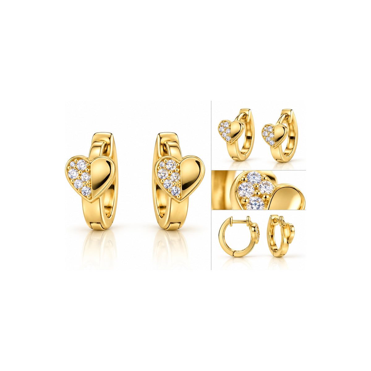 Aretes de Dama Oro 10k Huggie Corazón Mitad Circonios