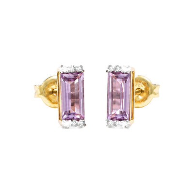 3x9mm Aretes de Dama Oro Rosa 14k Barra de Amatista Rosa con Diamantes Naturales
