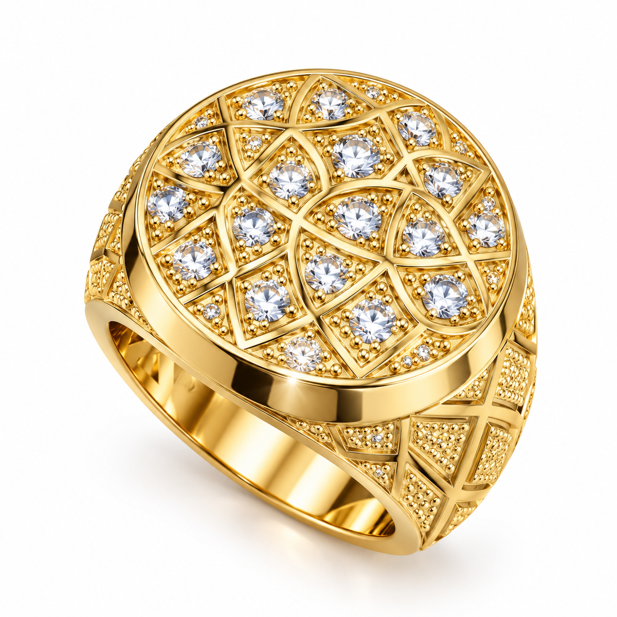 Anillo de Hombre Oro 10k Sello Geométrico con Circonios