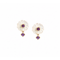 Aretes de Dama Oro 14k Flor de Nácar con Amatista Natural