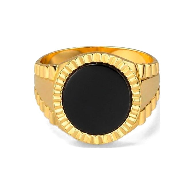 Anillo de Hombre Oro 14k Ónix con Borde Acanalado - Crea7 Jewelry