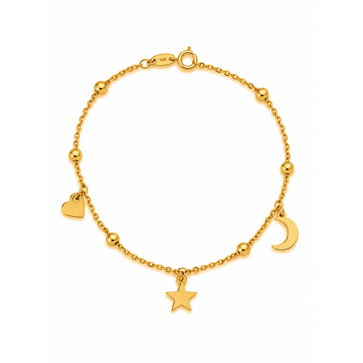 Brazalete de Dama Oro 14k con Dijes de Corazón, Estrella y Luna