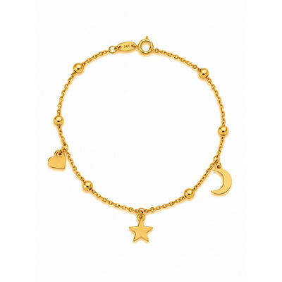 Brazalete de Dama Oro 14k con Dijes de Corazón, Estrella y Luna