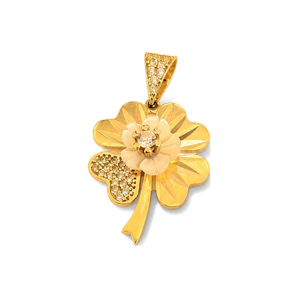 Dije Trébol Oro 10k con Flor y Circonios