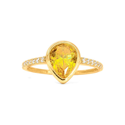 Anillo de Dama Oro 14k Circonia Amarilla en Gota con Pavé