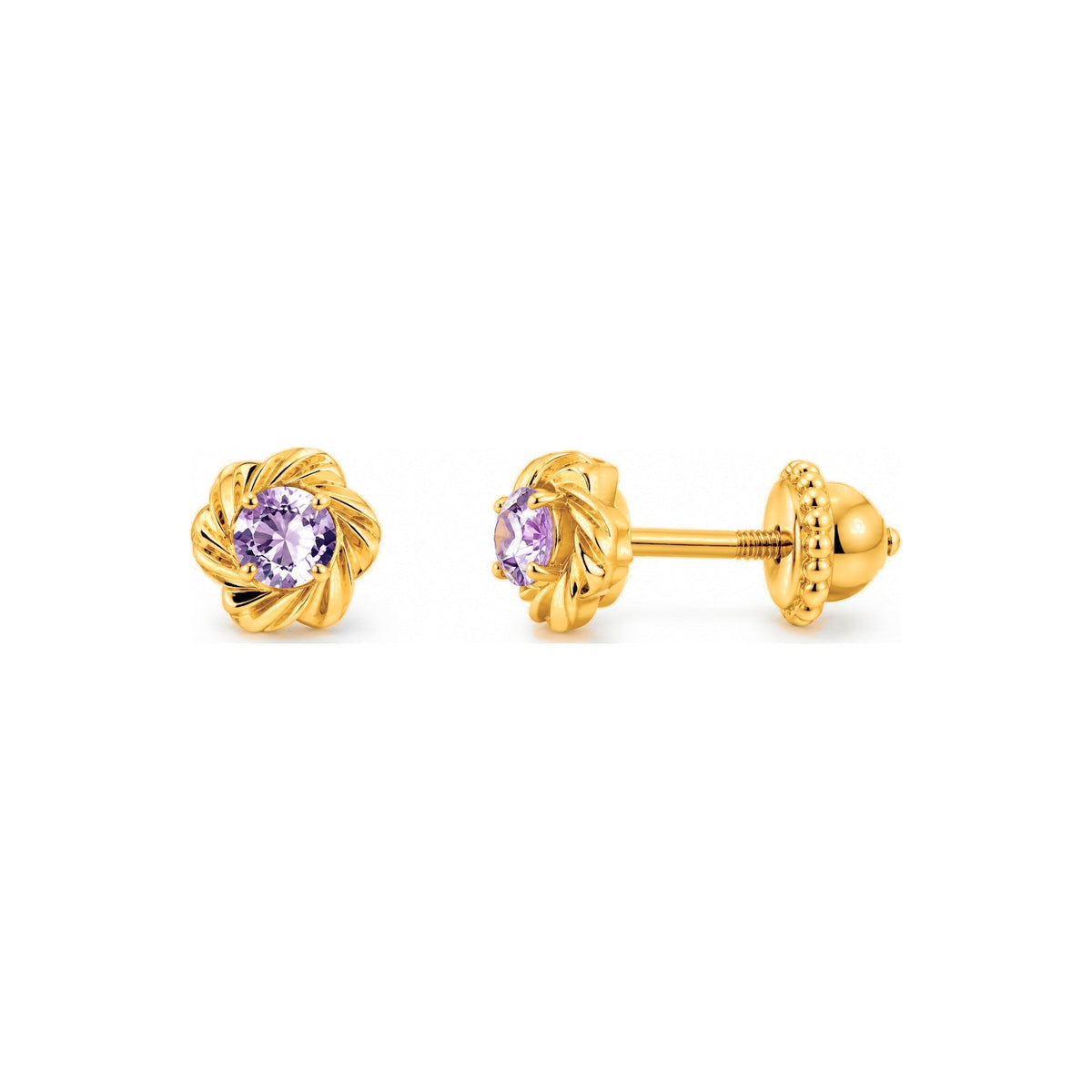 Aretes para Bebé Oro 14k Redondo Espiral con Circonio Lila