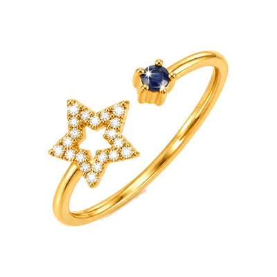 Anillo de Dama Oro 14k Abierto con Estrella de Diamantes Naturales y Zafiro
