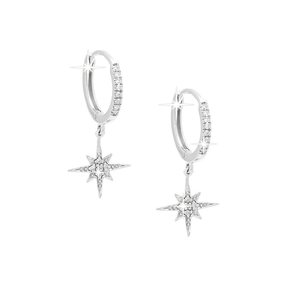 10x21mm Aretes de Dama Oro Blanco 14k Argolla Estrella con Diamantes Naturales