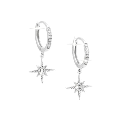 10x21mm Aretes de Dama Oro Blanco 14k Argolla Estrella con Diamantes Naturales