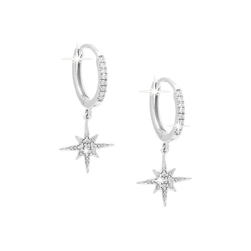 10x21mm Aretes de Dama Oro Blanco 14k Argolla Estrella con Diamantes Naturales