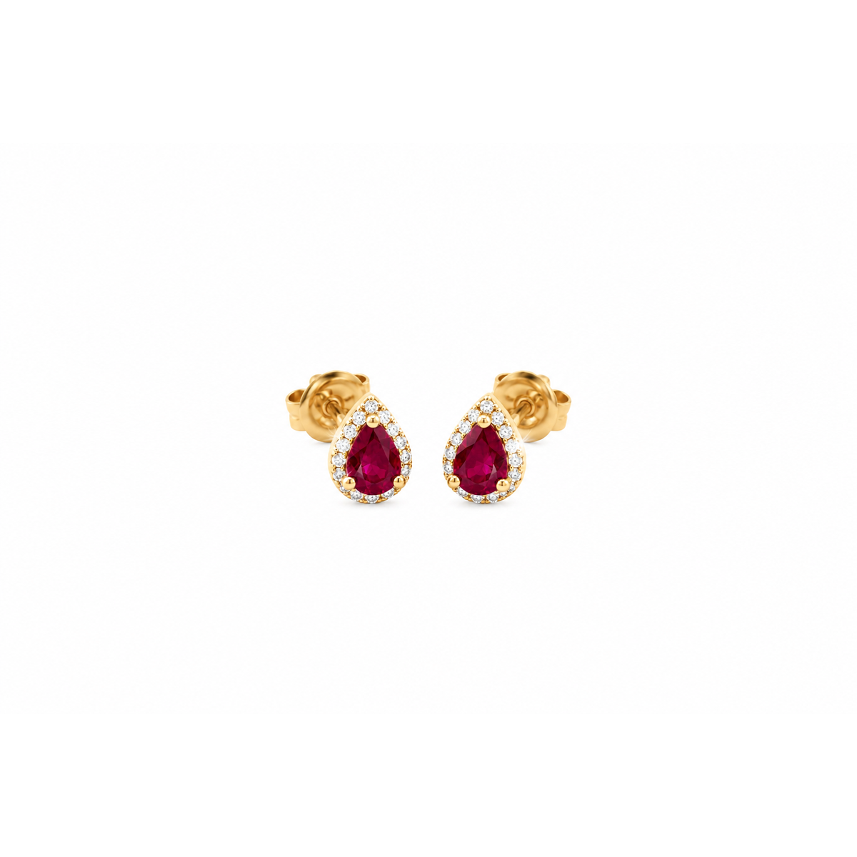 5x6mm Aretes de Dama Oro 14k Rubí Pera con Halo de Diamantes Naturales