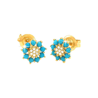 7mm Aretes de Dama Oro 14k con Turquesa y Diamantes Naturales