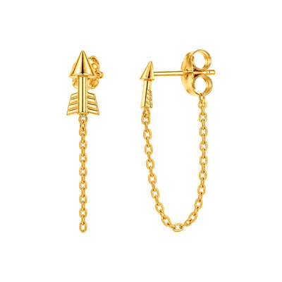 Aretes de Dama Oro 14k Flecha con Cadena Colgante