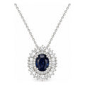 Dije con Cadena Oro Blanco 14k Zafiro Oval con Doble Halo de Diamantes Naturales y Baguettes
