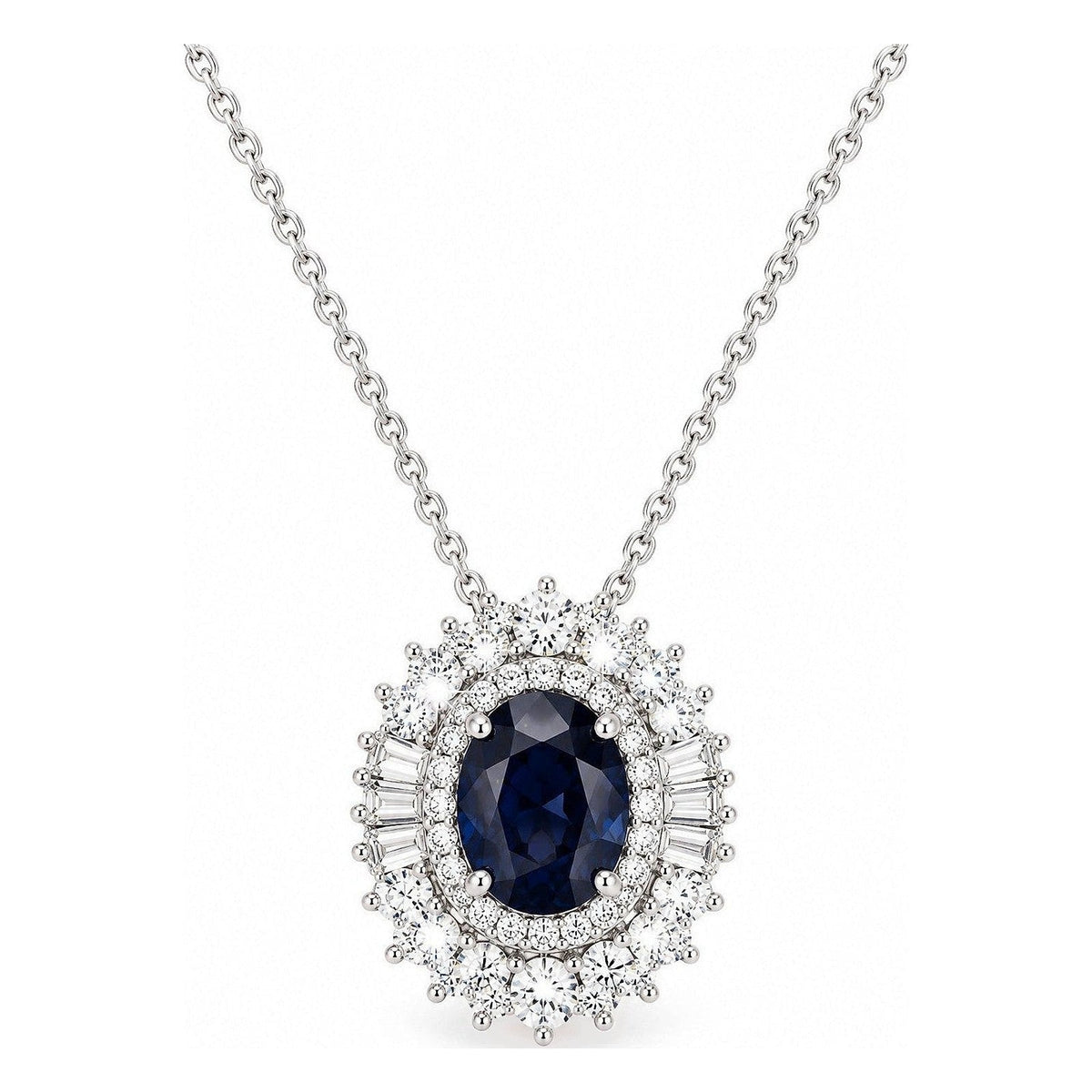Dije con Cadena Oro Blanco 14k Zafiro Oval con Doble Halo de Diamantes Naturales y Baguettes