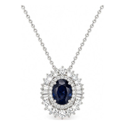 Dije con Cadena Oro Blanco 14k Zafiro Oval con Doble Halo de Diamantes Naturales y Baguettes