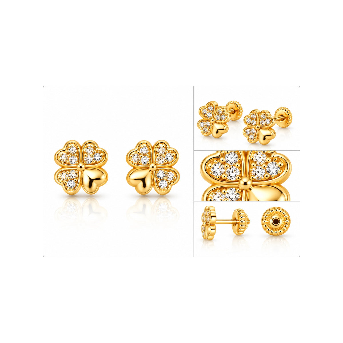 Aretes para Bebé Oro 14k Trébol de Corazones con Circonias