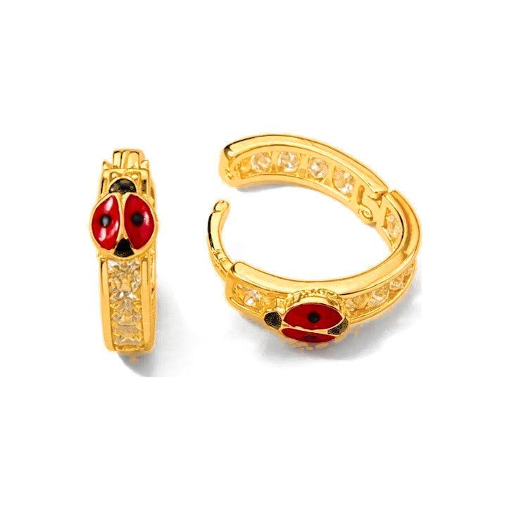 Aretes de Dama Oro 14k Aro Circonios con Mariquita Esmaltada