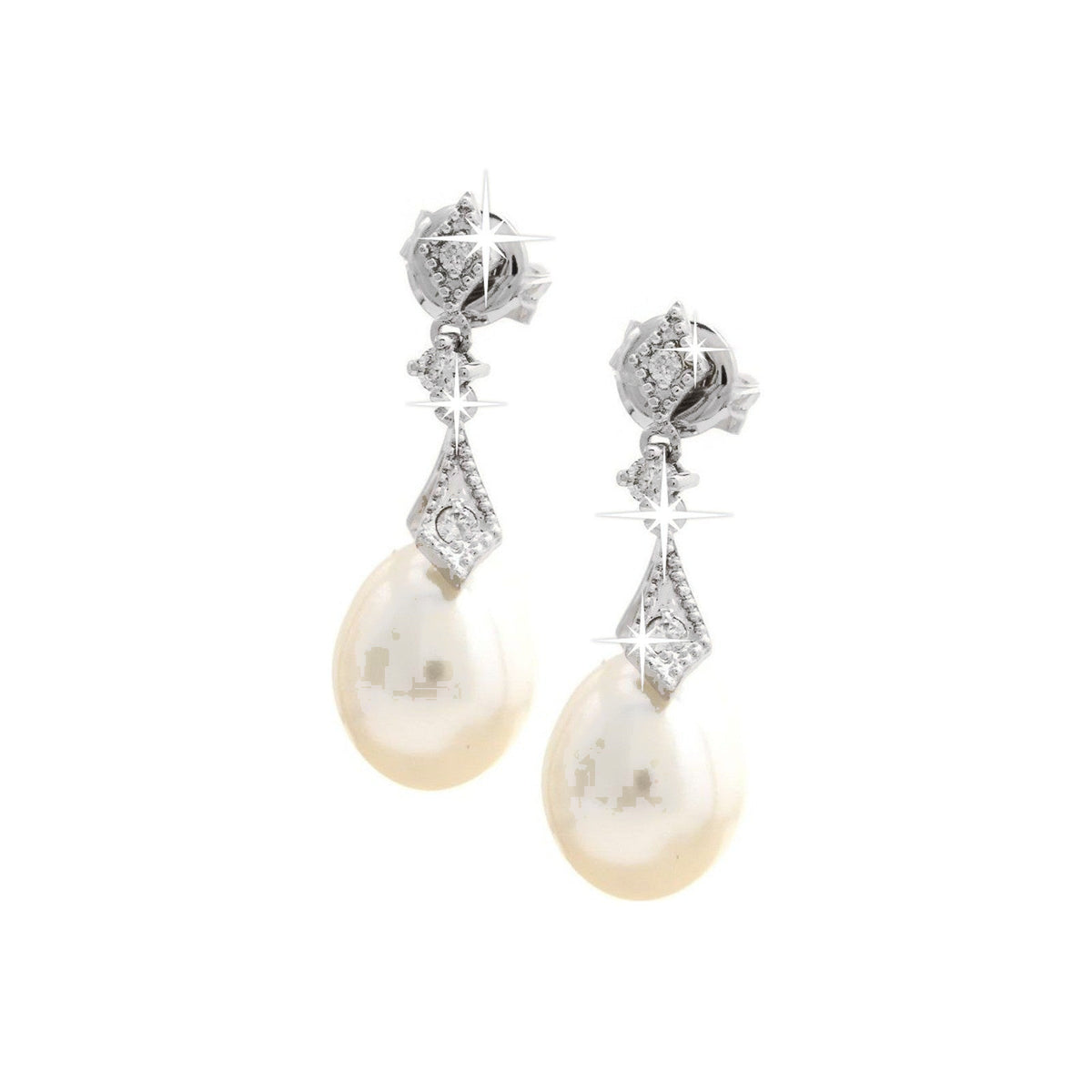 Aretes de Dama Oro Blanco 14k Gota con Perla y Diamantes Naturales