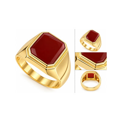 Anillo de Hombre Oro 14k Sello Octagonal con Piedra Roja