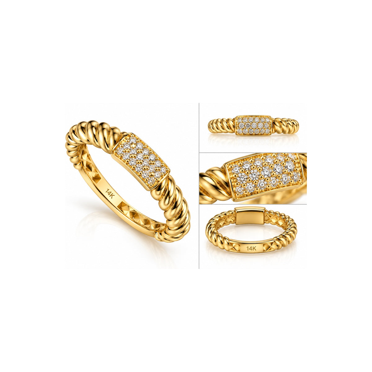 Anillo de Dama Oro 14k Banda Torcida con Placa de Circonios